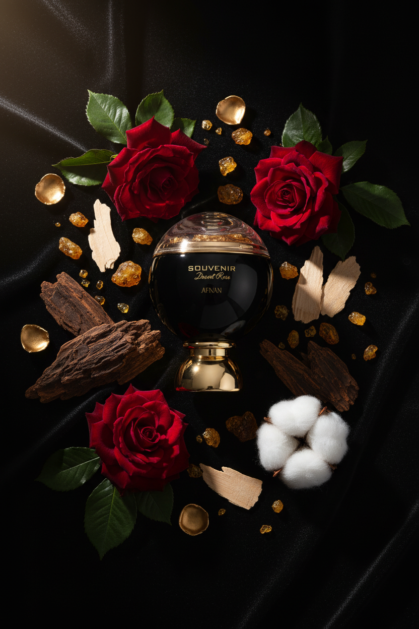 Afnan Souvenir Dessert Rose with dark rose, oud, amber and musk ingredients on black velvet