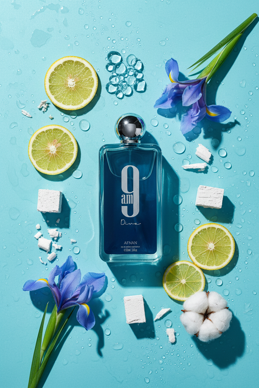 Afnan 9 AM Dive with bergamot, iris, aquatic and cedar ingredients