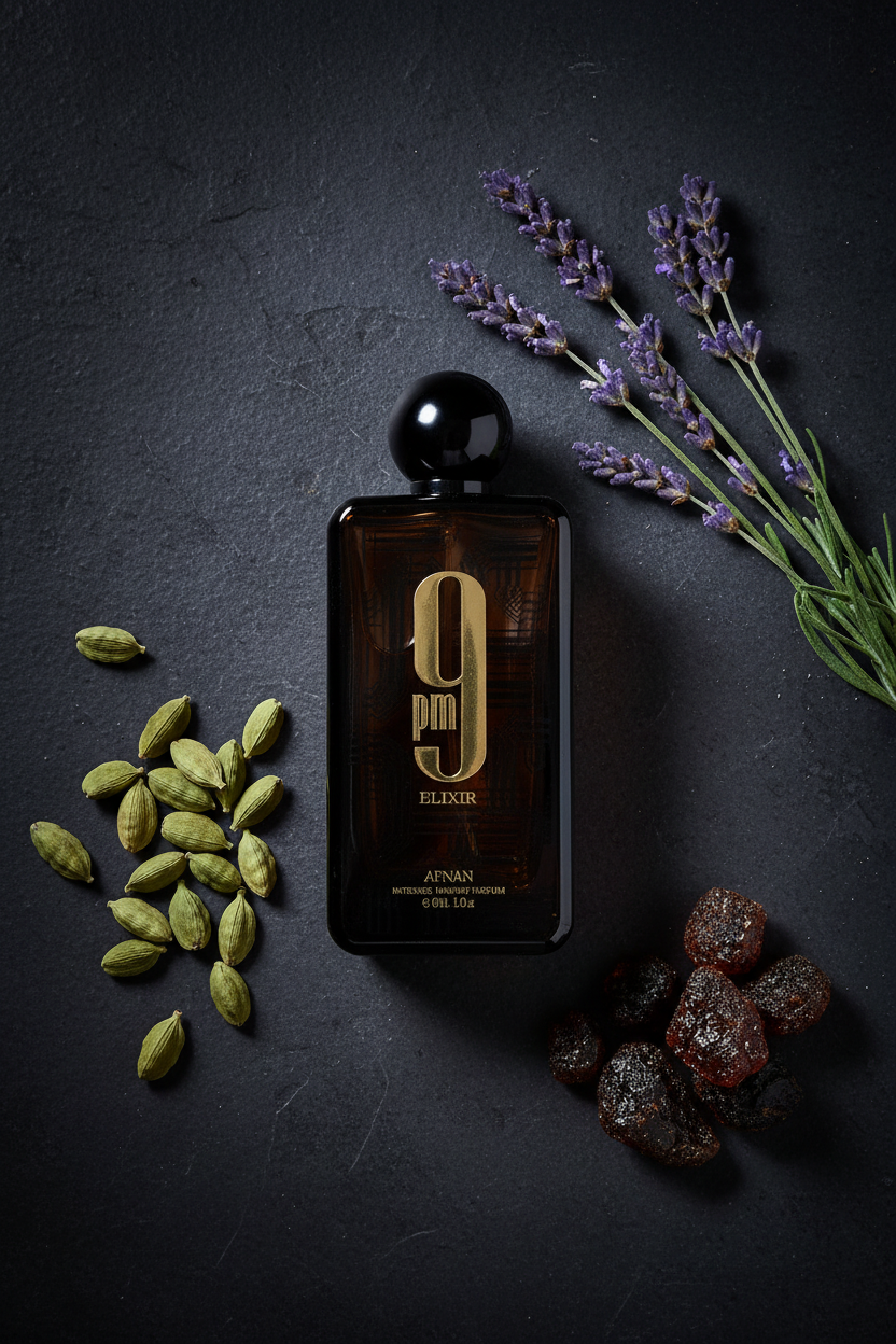 Afnan 9 PM Elixir Intense Parfum with cardamom, lavender and labdanum ingredients