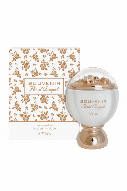 Afnan Souvenir Floral Bouquet Eau De Parfum white gold sphere bottle on white background