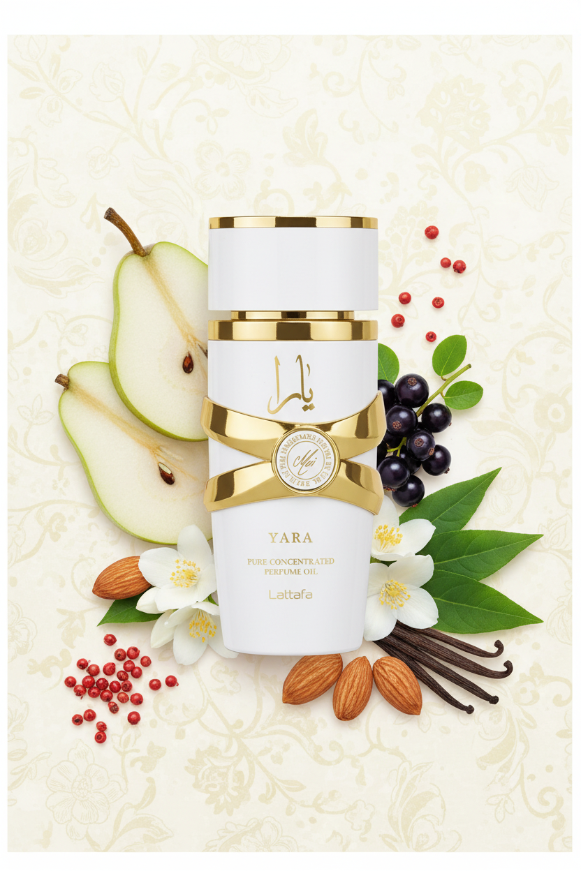 Lattafa Yara Moi bottle with fragrance ingredients