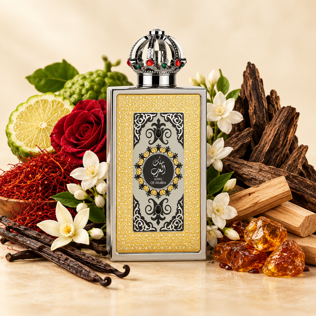 King Of Arabia perfume with saffron, bergamot, flowers, woods and vanilla arranged behind the bottle