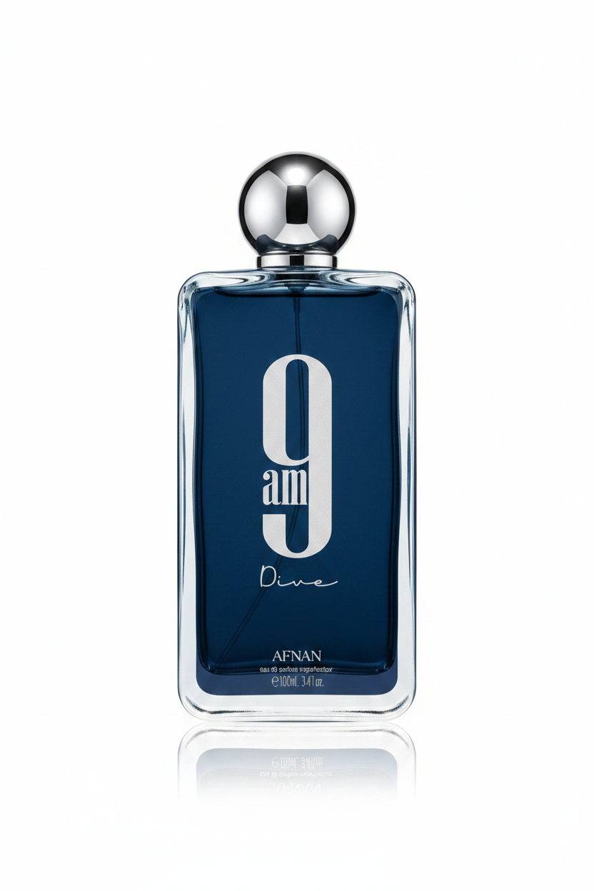 Afnan 9 AM Dive Eau De Parfum navy blue bottle on white background