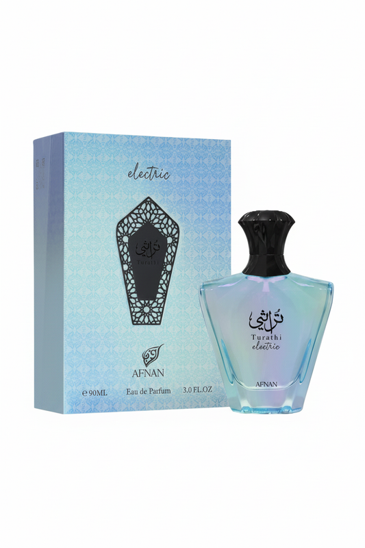 Afnan Turathi Electric bottle and light blue geometric box on white background