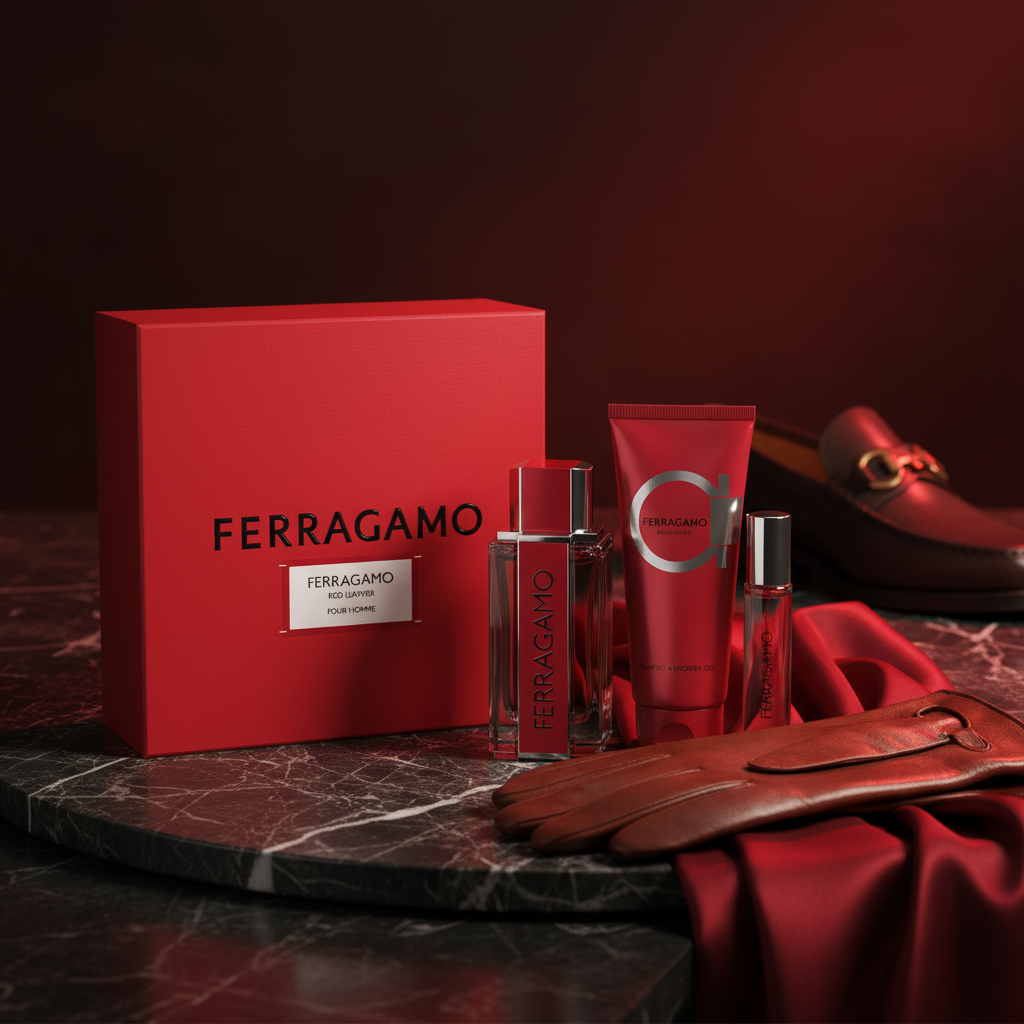 Ferragamo Red Leather - Lifestyle dark marble with leather and red silk