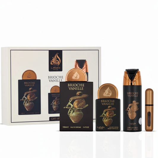 Lattafa Pride Brioche Vanille 3-Piece Gift Set - complete set on white background