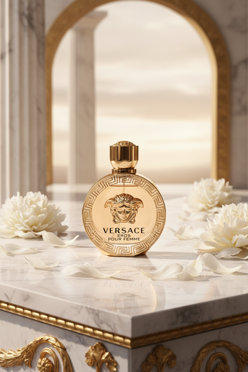 Versace Eros Pour Femme lifestyle white marble with peonies and Greek gold accents
