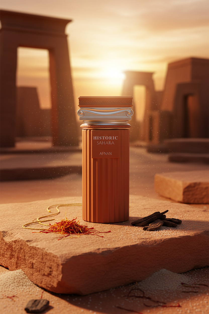 Afnan Historic Sahara lifestyle on terracotta stone with saffron and oud wood
