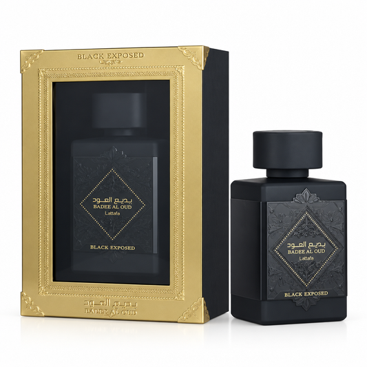 Lattafa Badee Al Oud Black Exposed bottle and original box