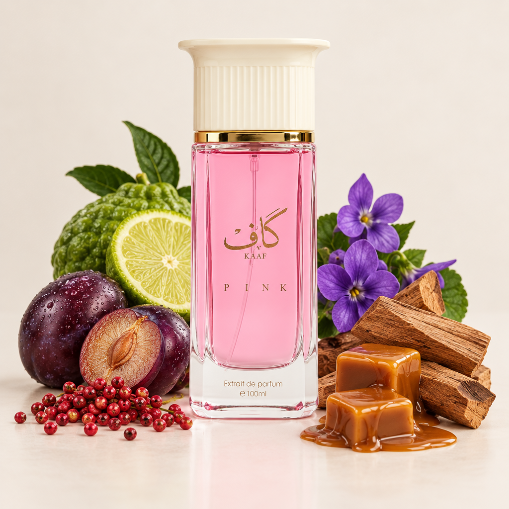 Kaaf Pink with ingredients representing its fragrance notes