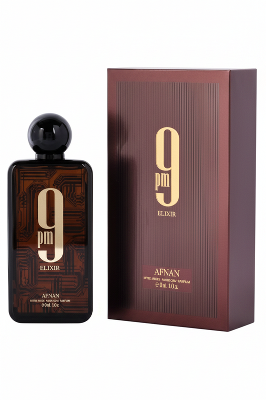 Afnan 9 PM Elixir Intense Parfum bottle and box on white background