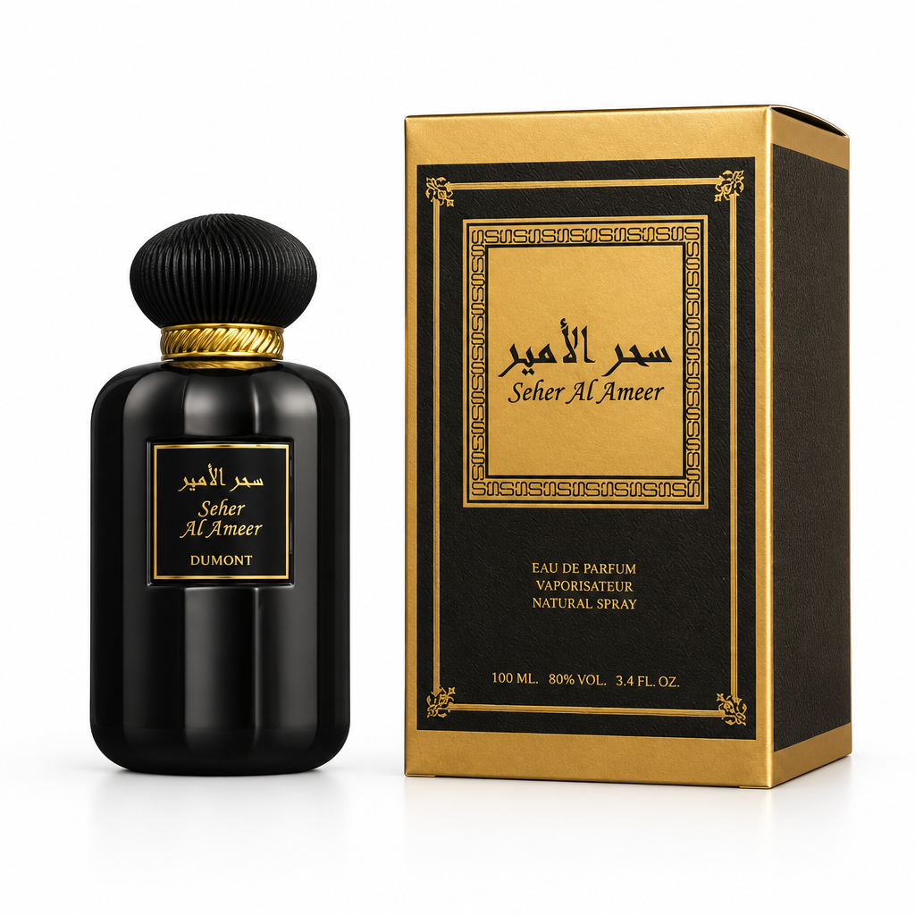 Dumont Murjan Seher Al Ameer bottle and black and gold box on a white background