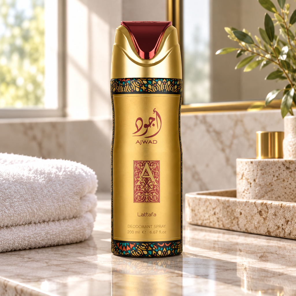 Lattafa Ajwad Deodorant Spray on a bathroom vanity