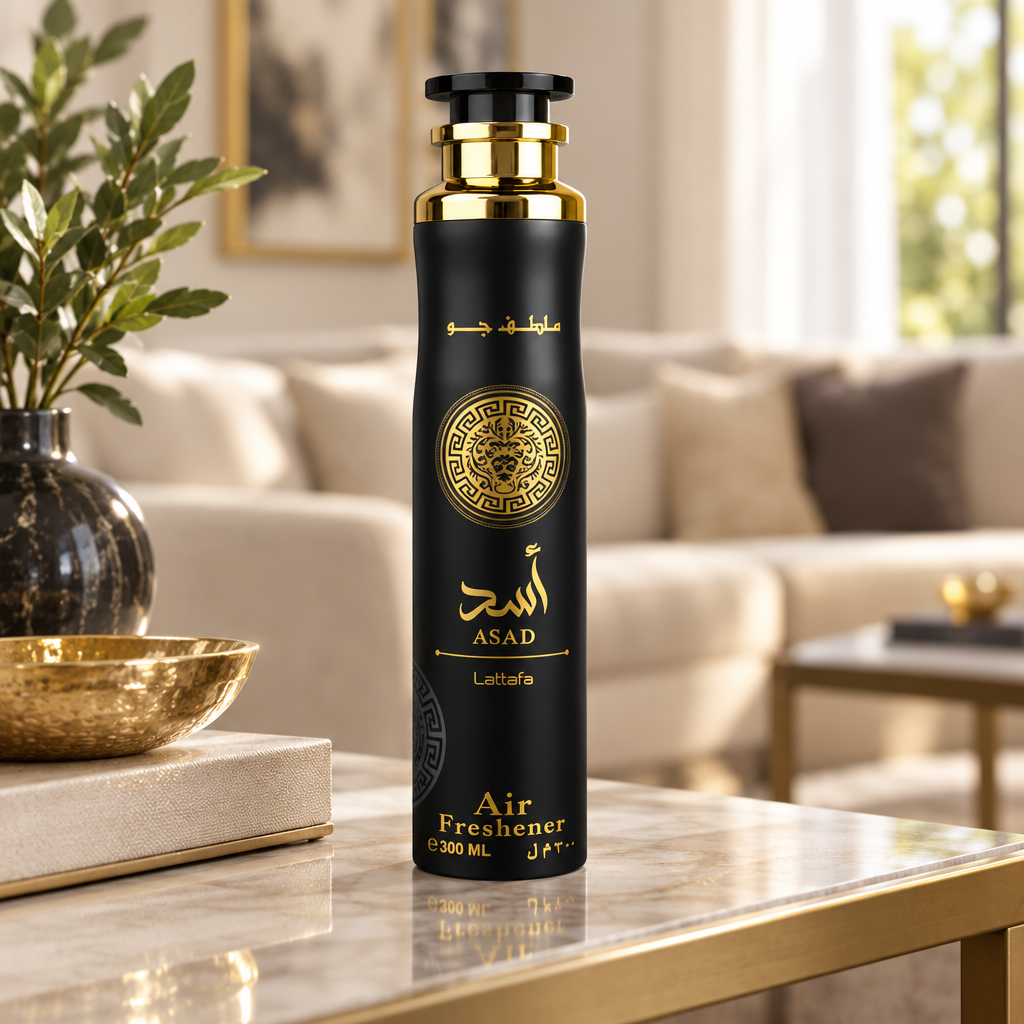Lattafa Asad Air Freshener on a living room console