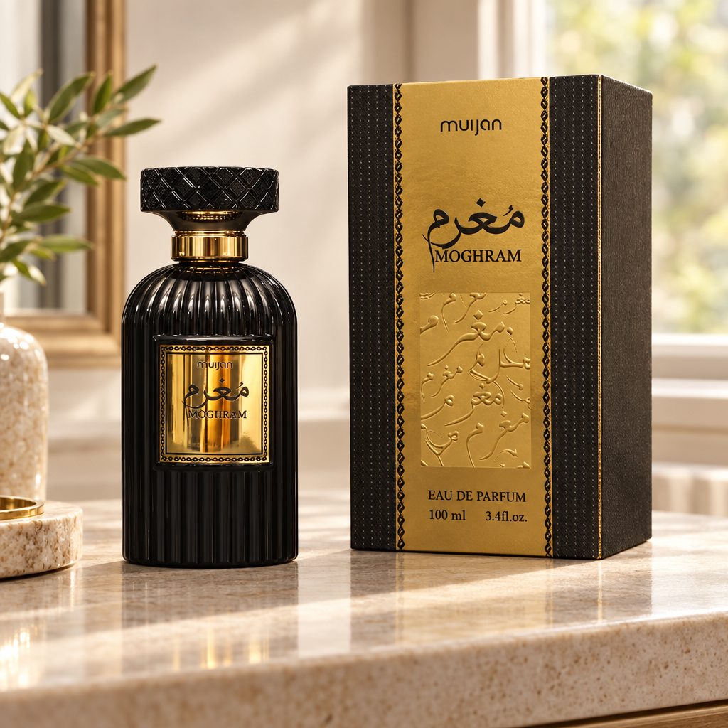 Dumont Murjan Moghram bottle and box on a stone vanity in natural light