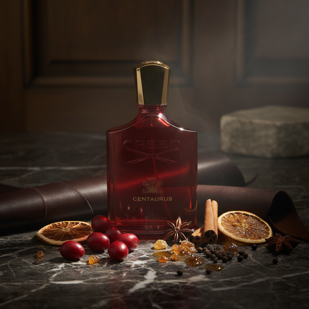 Creed Centaurus editorial shot on dark marble with spices and leather