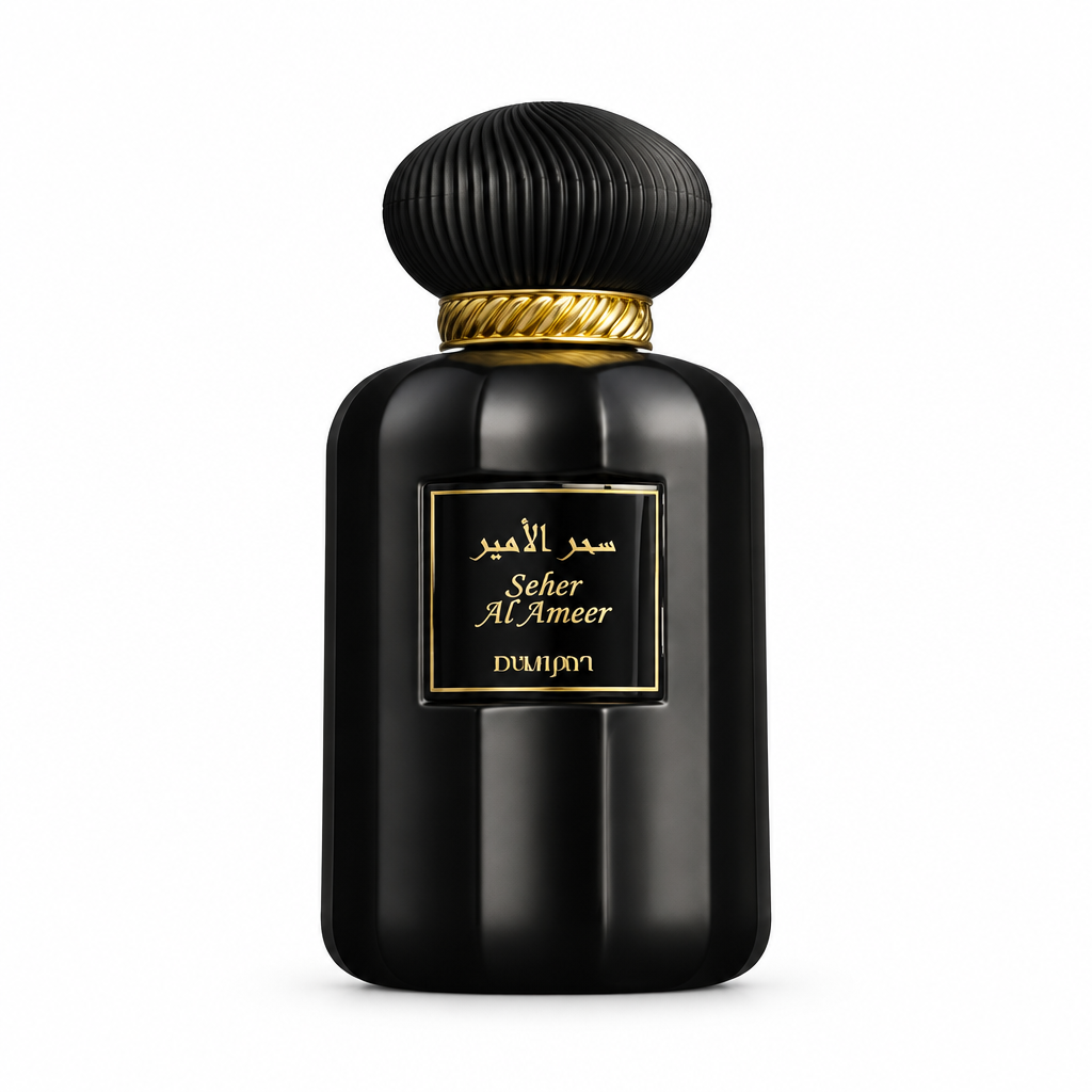 Dumont Murjan Seher Al Ameer black perfume bottle on a white background