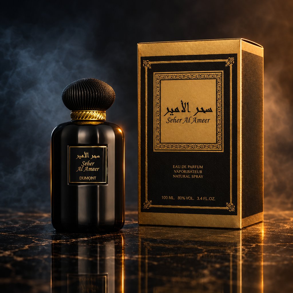 Dumont Murjan Seher Al Ameer bottle and box in a dark editorial fragrance photograph