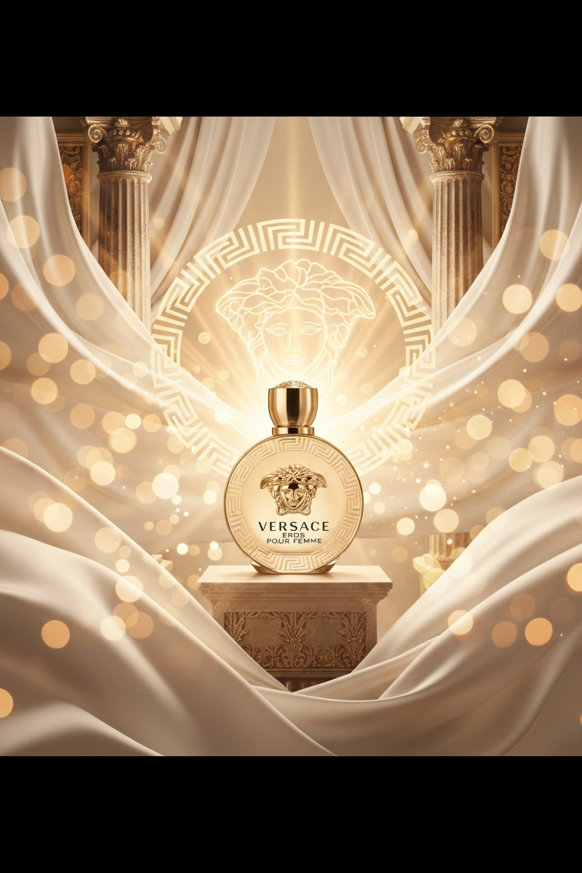 Versace Eros Pour Femme dramatic gold goddess editorial with Medusa light