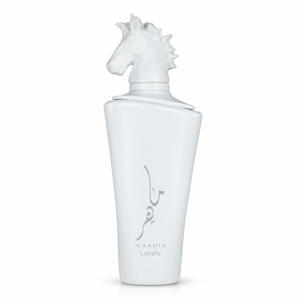 Lattafa Maahir Honor Eau de Parfum white bottle on white background
