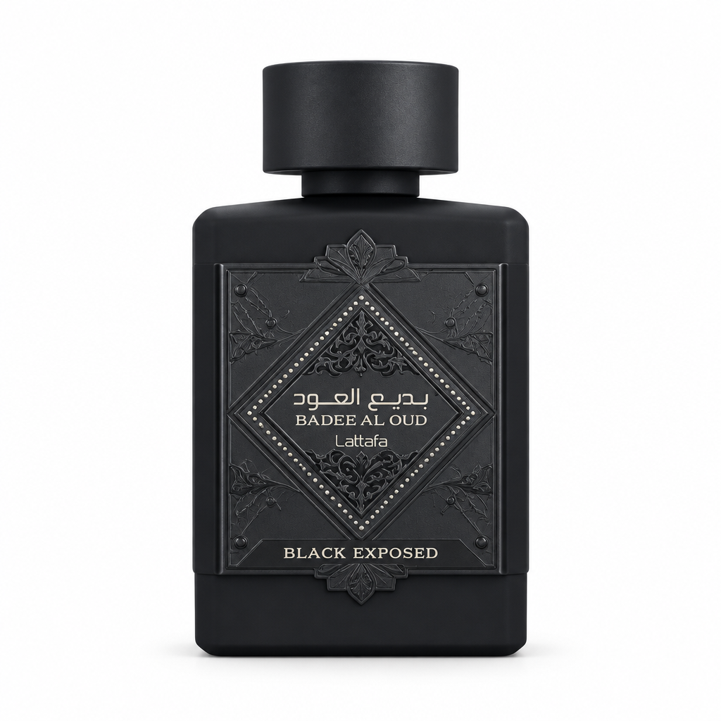 Lattafa Badee Al Oud Black Exposed perfume bottle on white