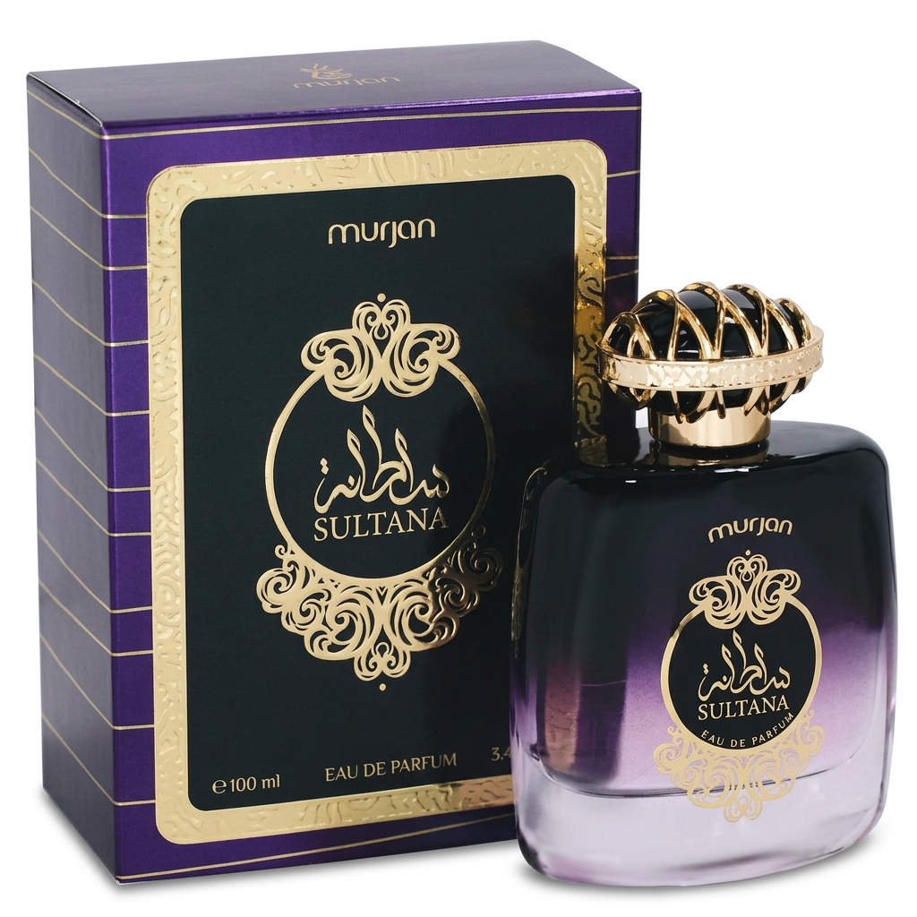 Murjan Sultana bottle and matching purple and gold retail box