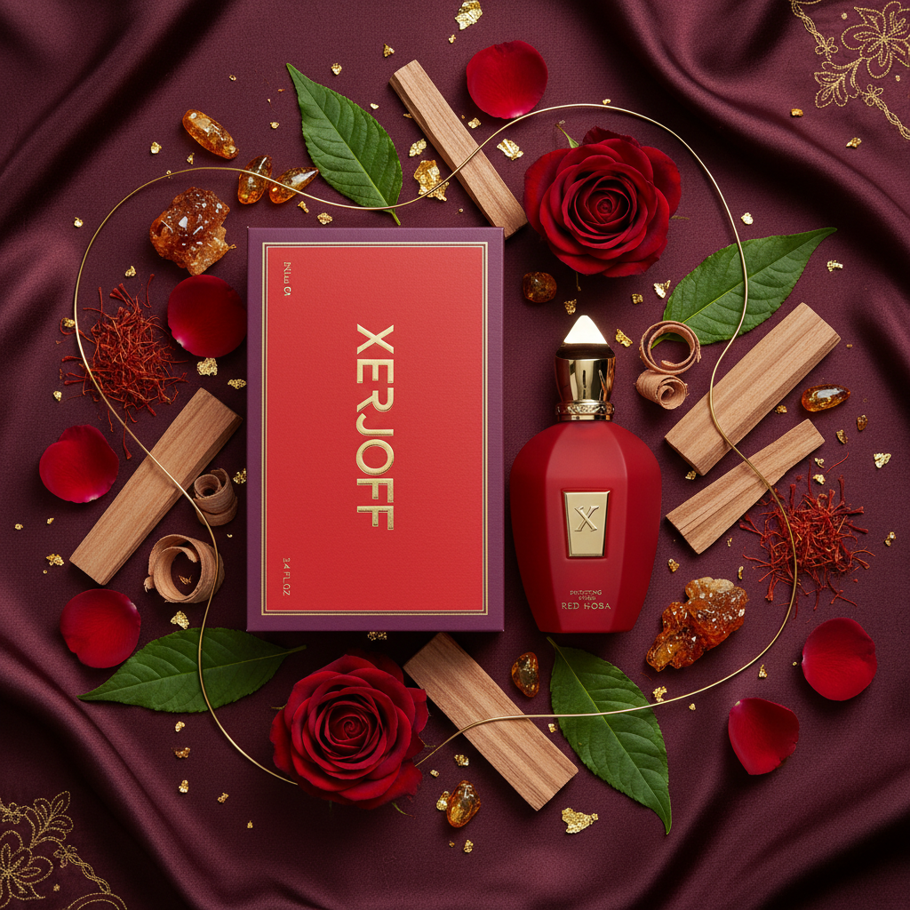 Xerjoff Red Hoba fragrance notes - rose, saffron, sandalwood, patchouli, amber