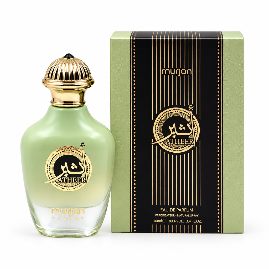Dumont Murjan Atheer bottle and matching green and black box on a white background