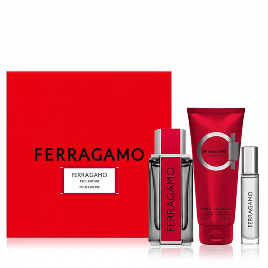 Ferragamo Red Leather 3-Piece Gift Set - complete set on white background