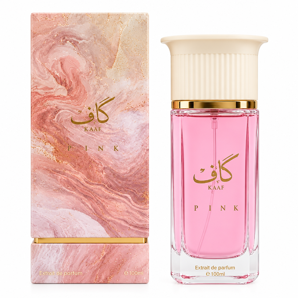 Kaaf Pink Extrait de Parfum bottle with pink marbled box