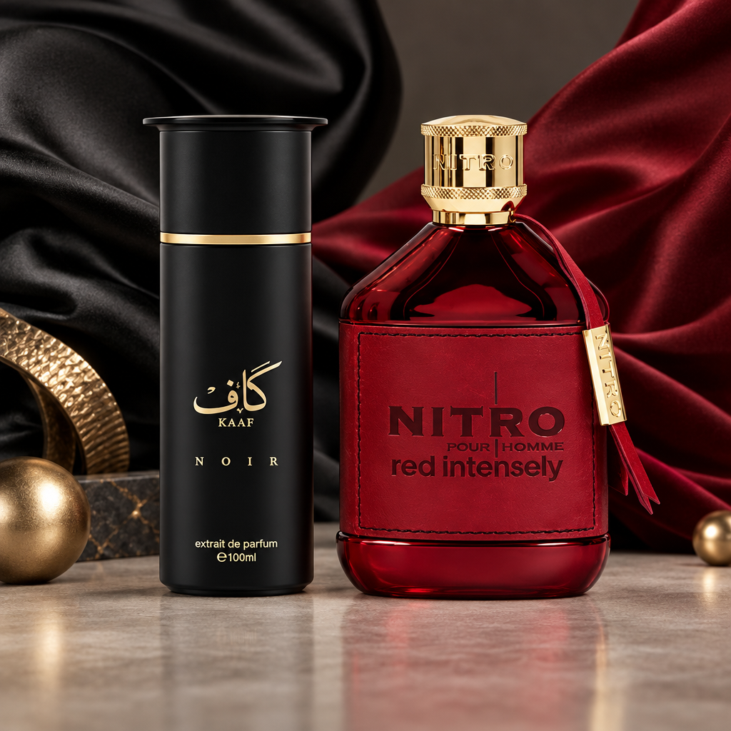 Kaaf Noir and Nitro Red Intensely with black and burgundy fabric