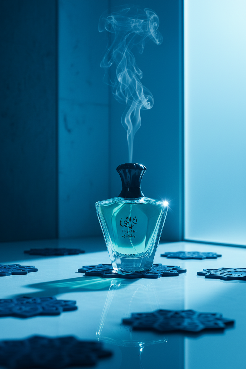 Afnan Turathi Electric lifestyle modern setting with geometric Islamic tiles and blue light