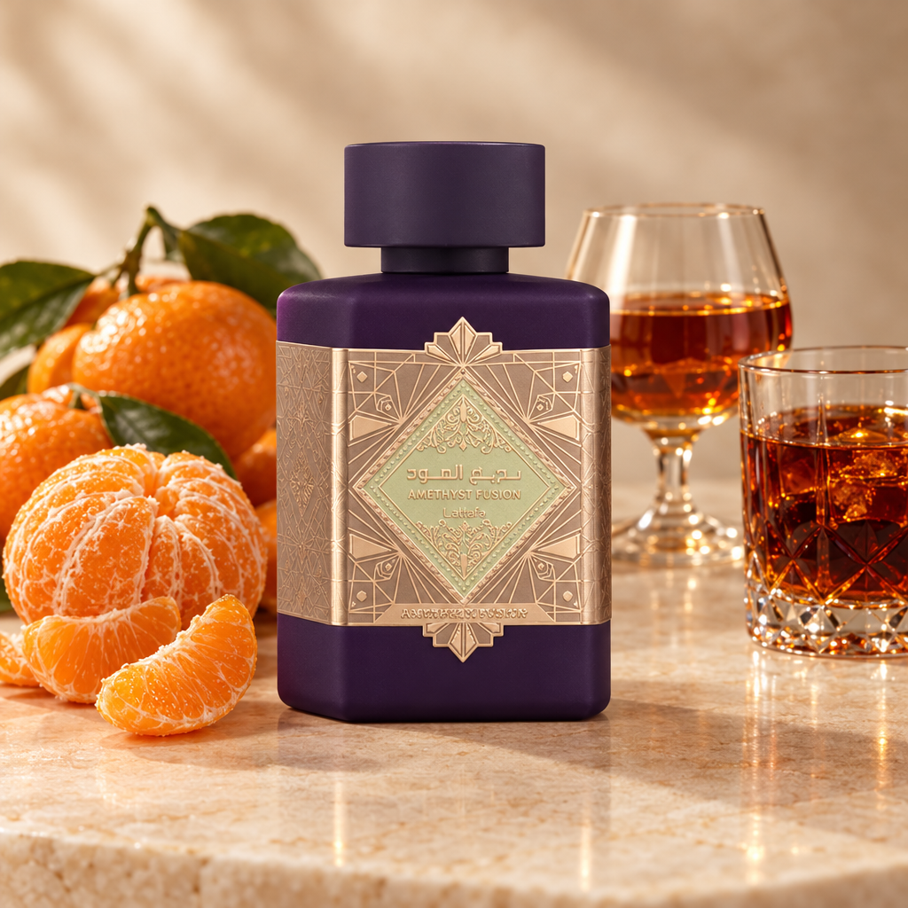 Lattafa Amethyst Fusion perfume with mandarin and glasses representing amaretto and rum behind the bottle