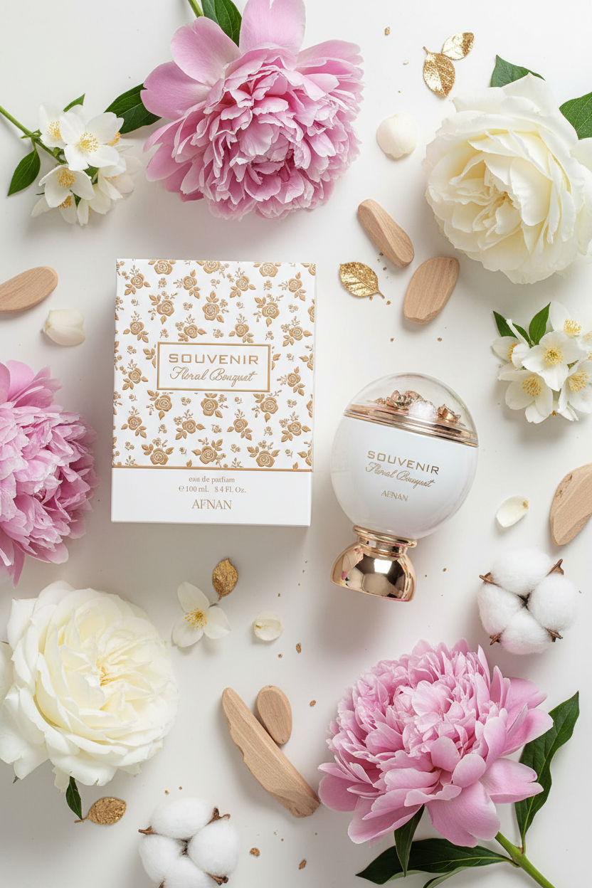 Afnan Souvenir Floral Bouquet with white roses, peonies, jasmine and musk ingredients