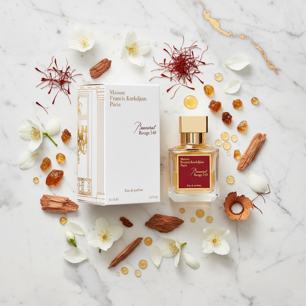 Baccarat Rouge 540 fragrance notes - jasmine, saffron, amberwood, cedarwood