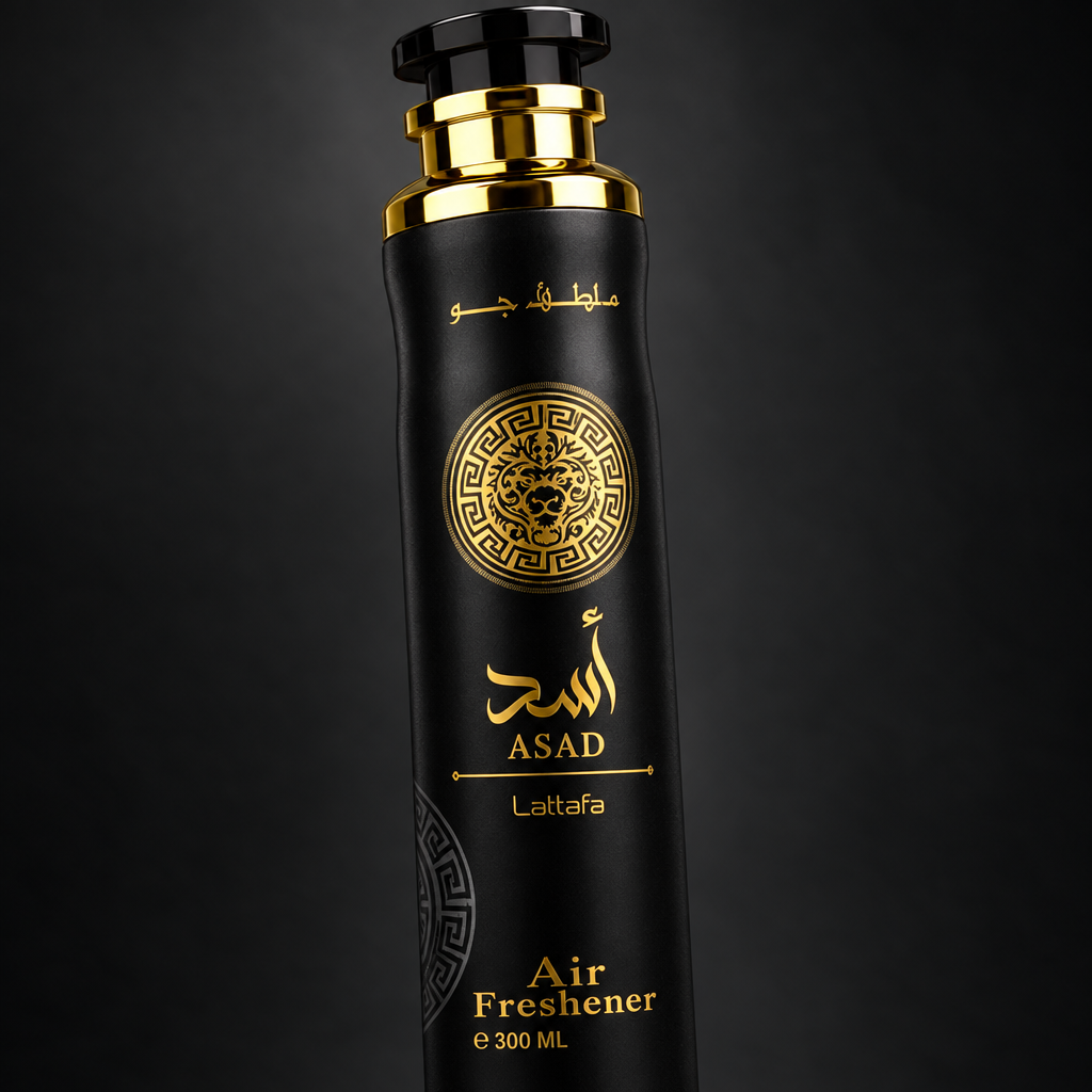 Close-up of Lattafa Asad Air Freshener black and gold can