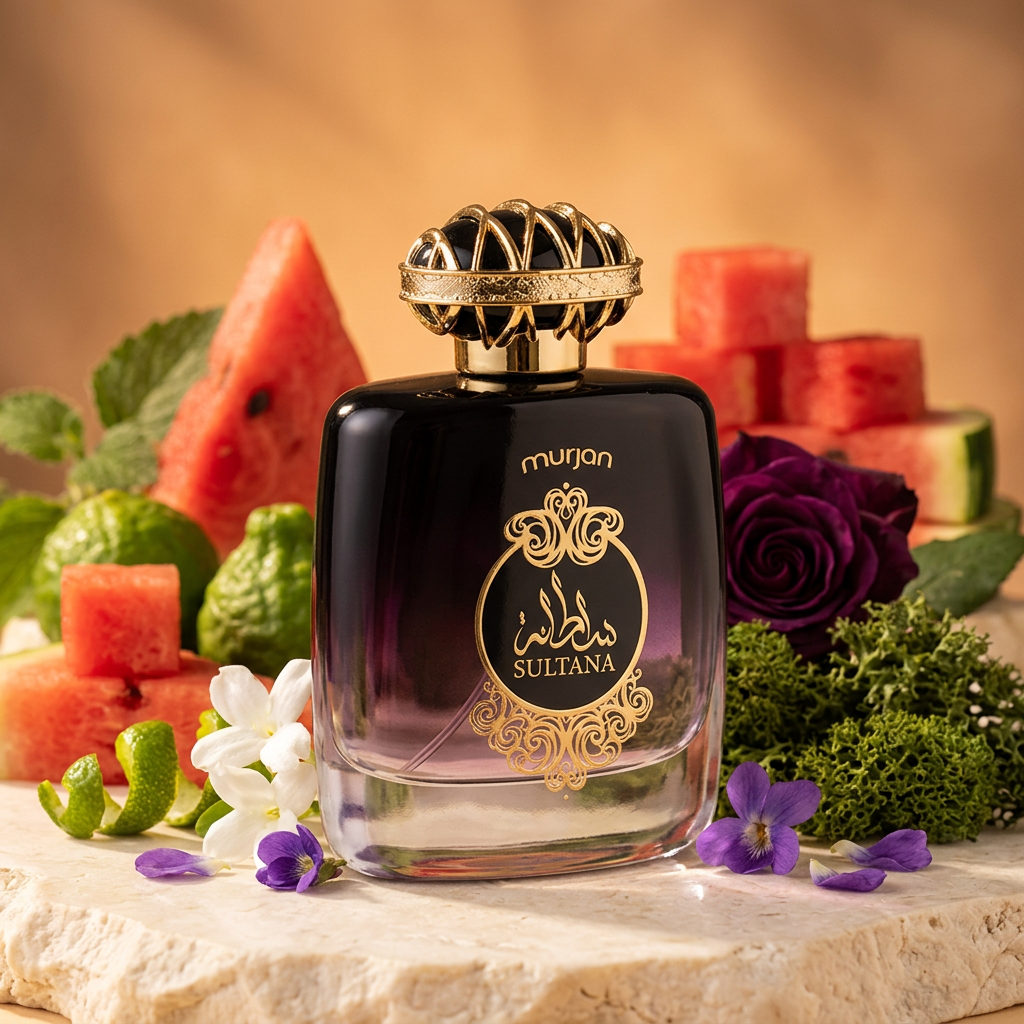 Murjan Sultana with watermelon, bergamot, jasmine, violet, rose, patchouli and oakmoss representing fragrance notes
