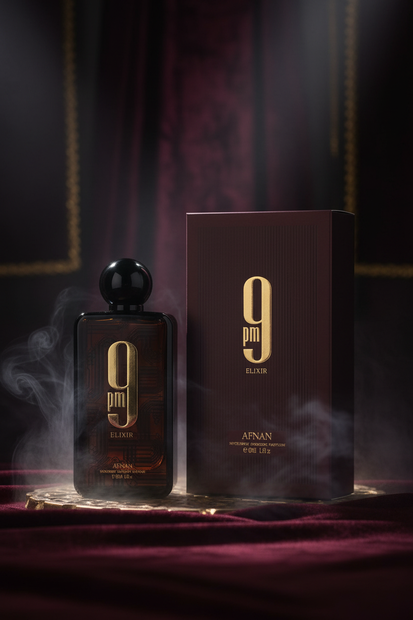 Afnan 9 PM Elixir Intense Parfum editorial dark luxury shot