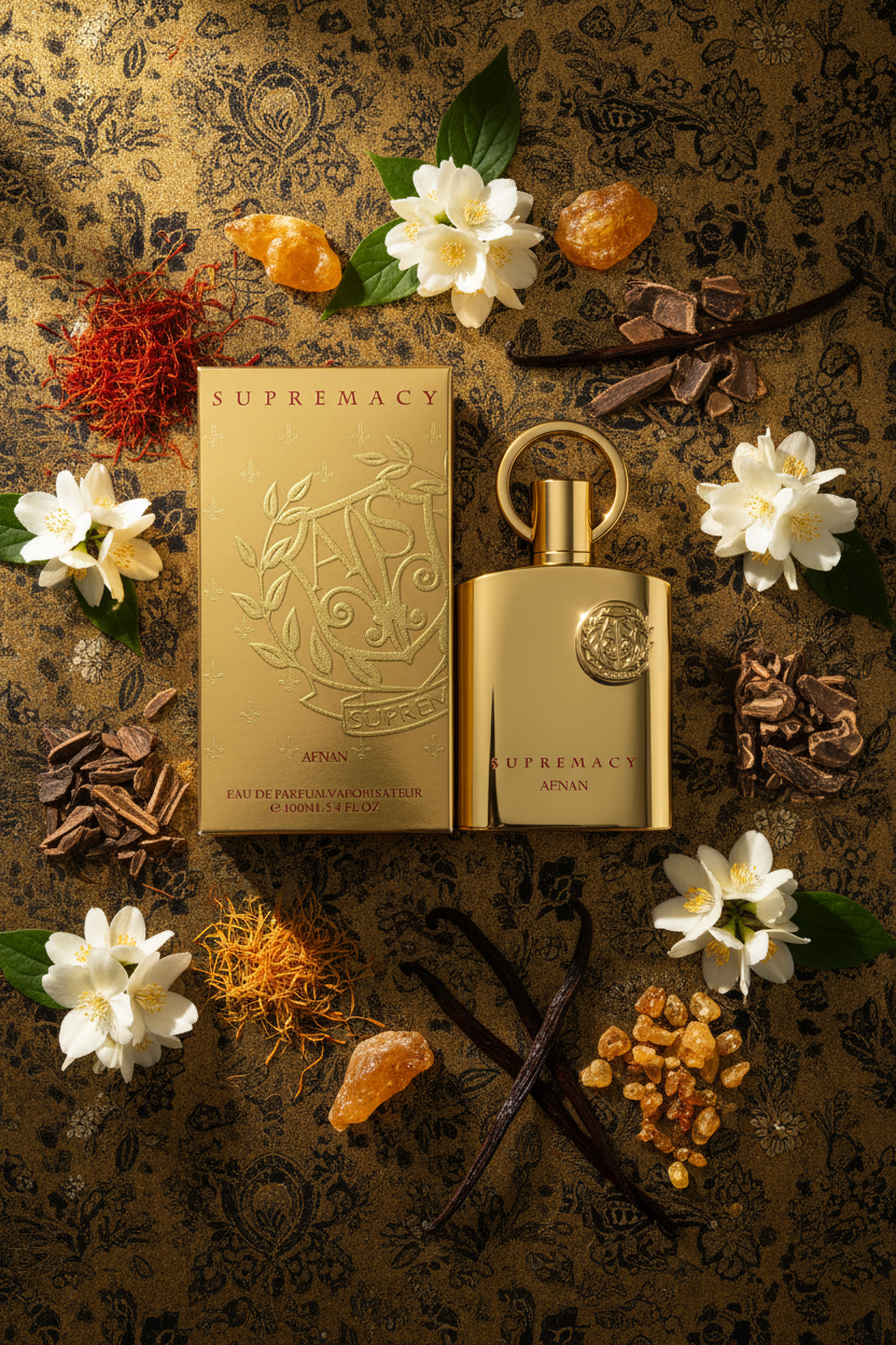 Afnan Supremacy Gold with saffron, jasmine, oud and amber ingredients