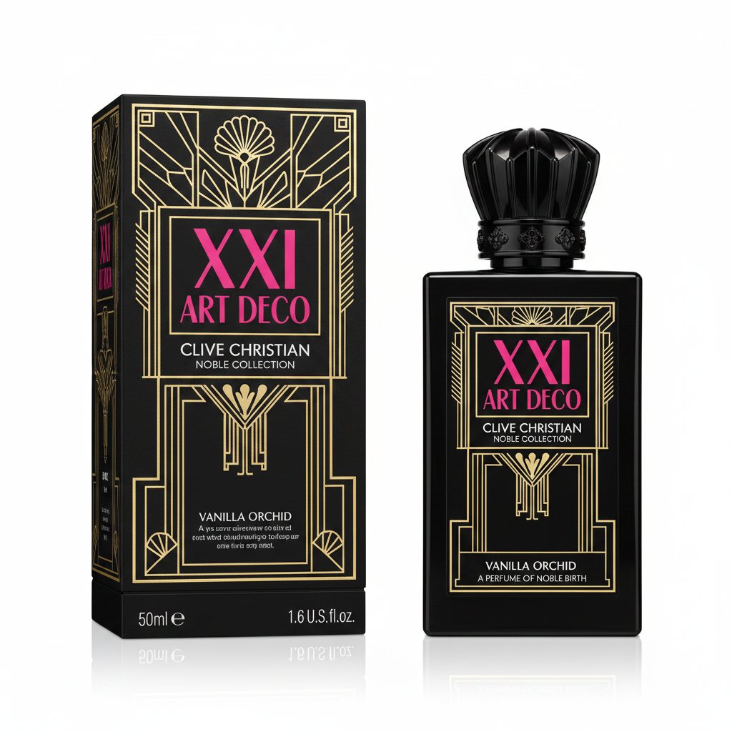 Clive Christian XXI Art Deco Vanilla Orchid bottle and box on white background