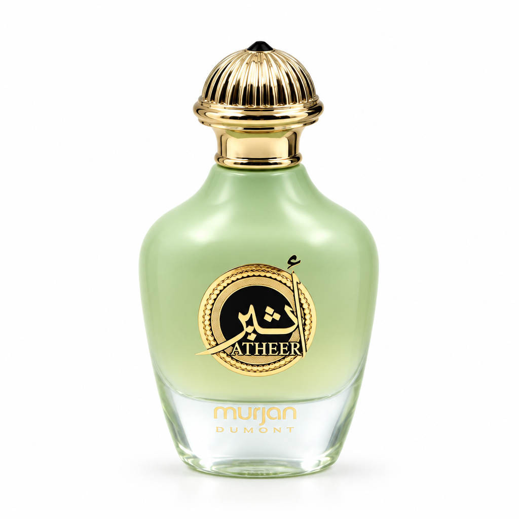 Dumont Murjan Atheer pale green perfume bottle with gold cap on a white background
