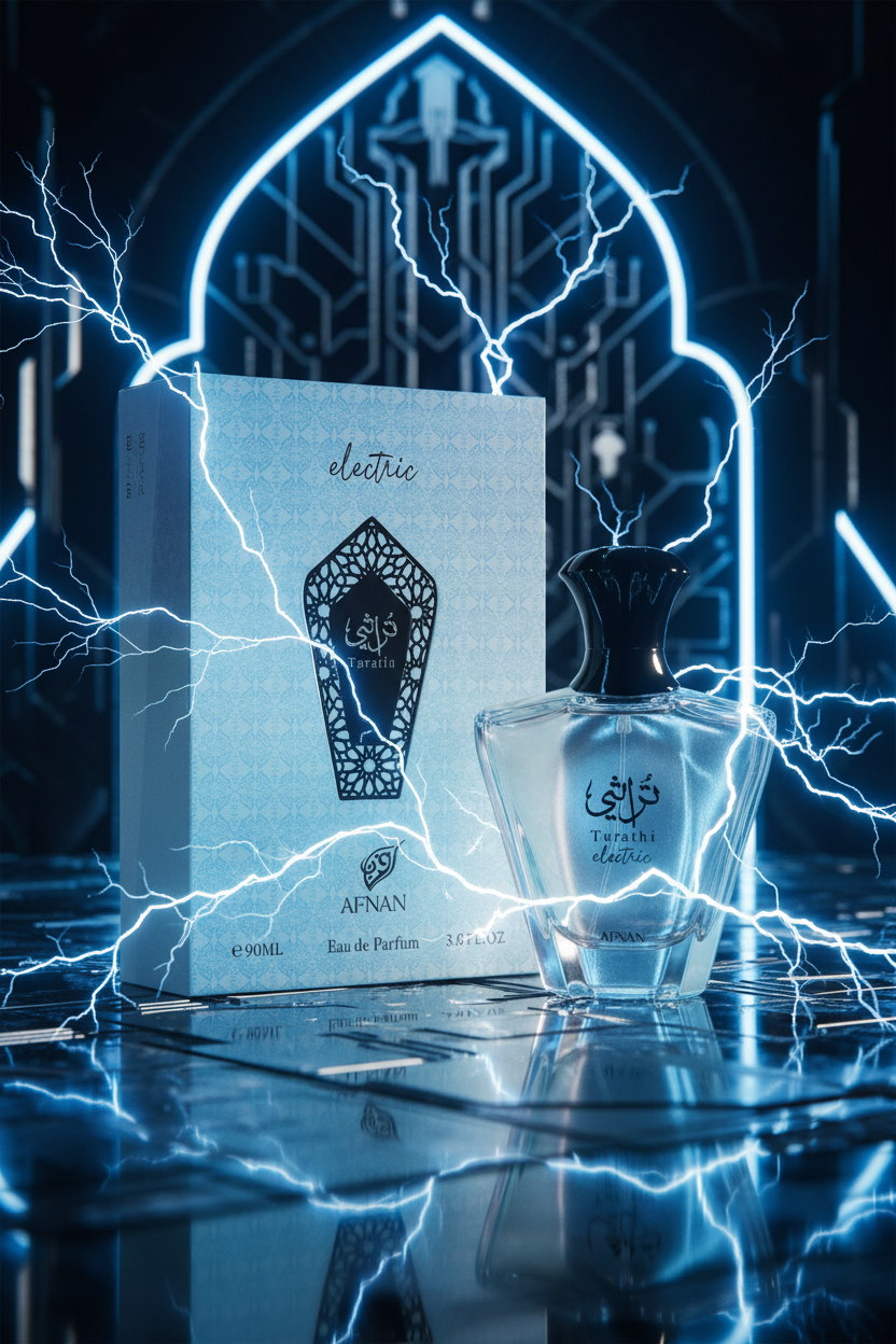 Afnan Turathi Electric dramatic electric blue neon futuristic editorial shot