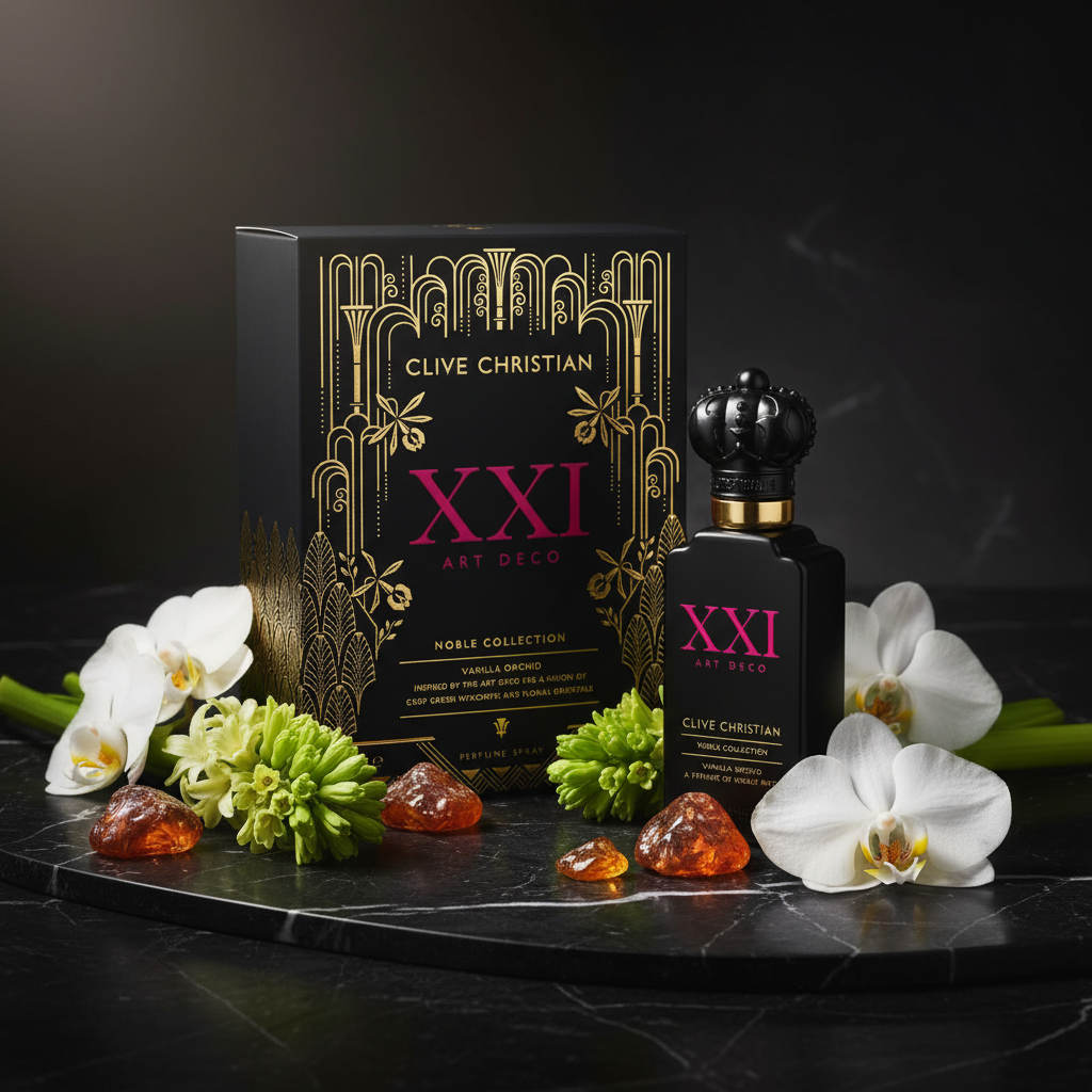 Clive Christian XXI Art Deco Vanilla Orchid editorial shot with orchids and hyacinth