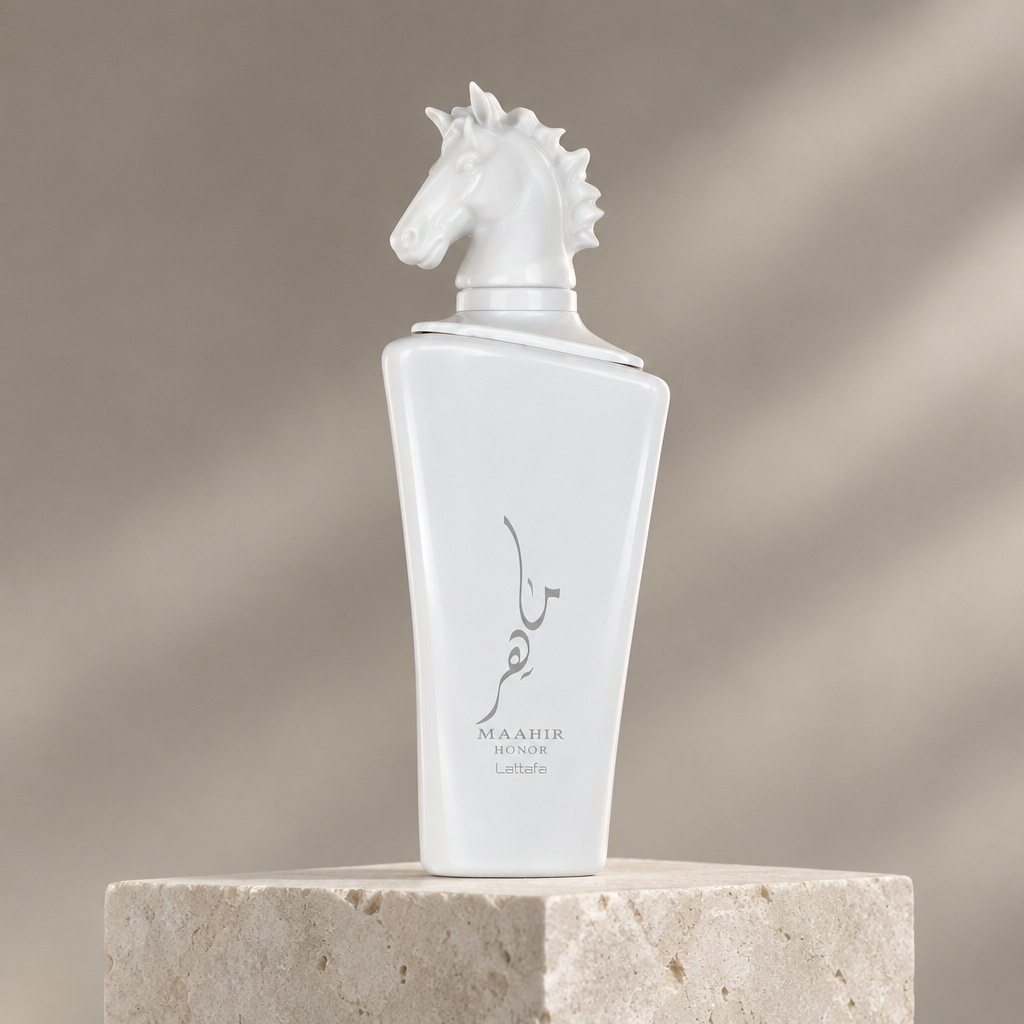 Lattafa Maahir Honor editorial on a stone pedestal