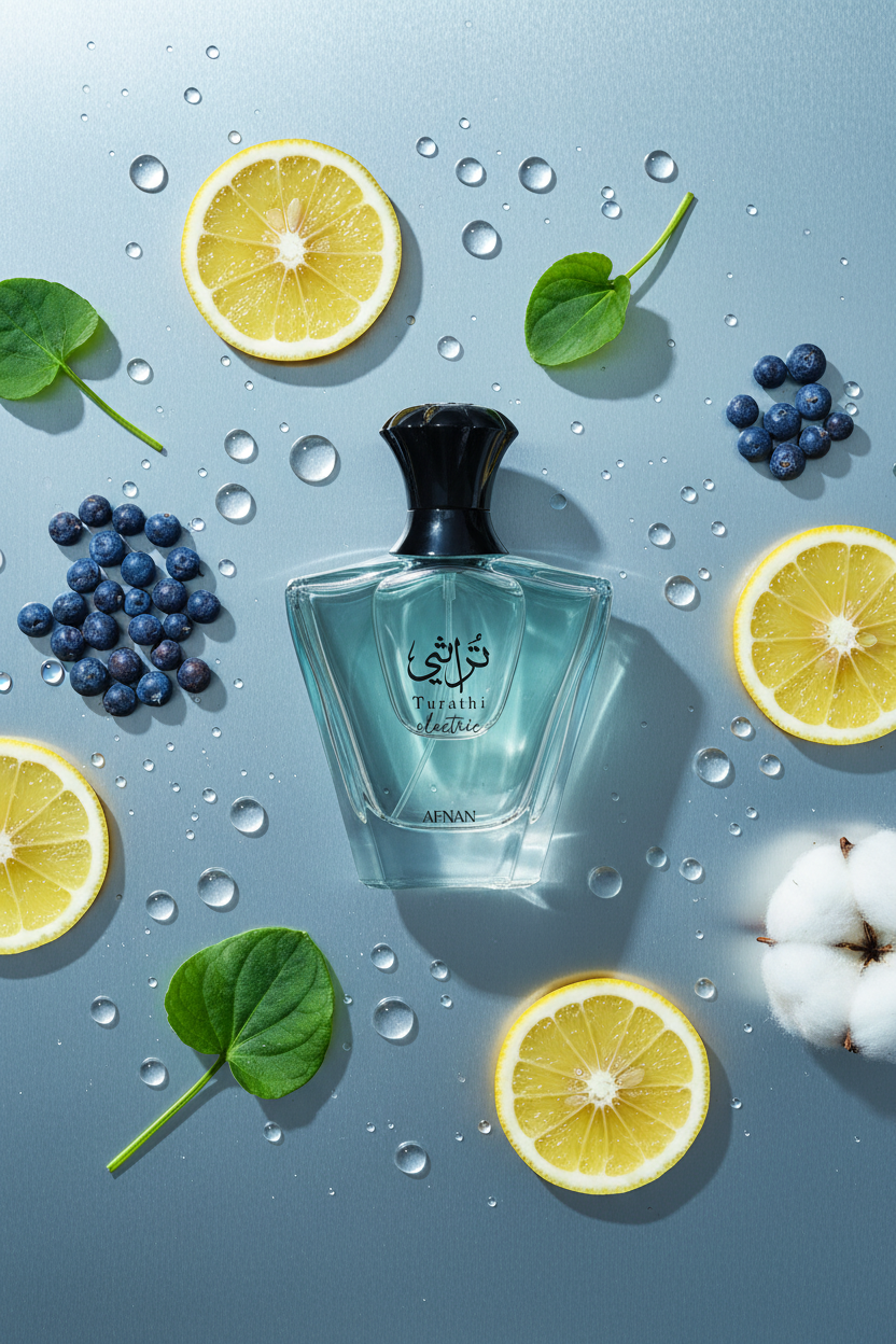 Afnan Turathi Electric with bergamot, blue berries, musk and violet ingredients