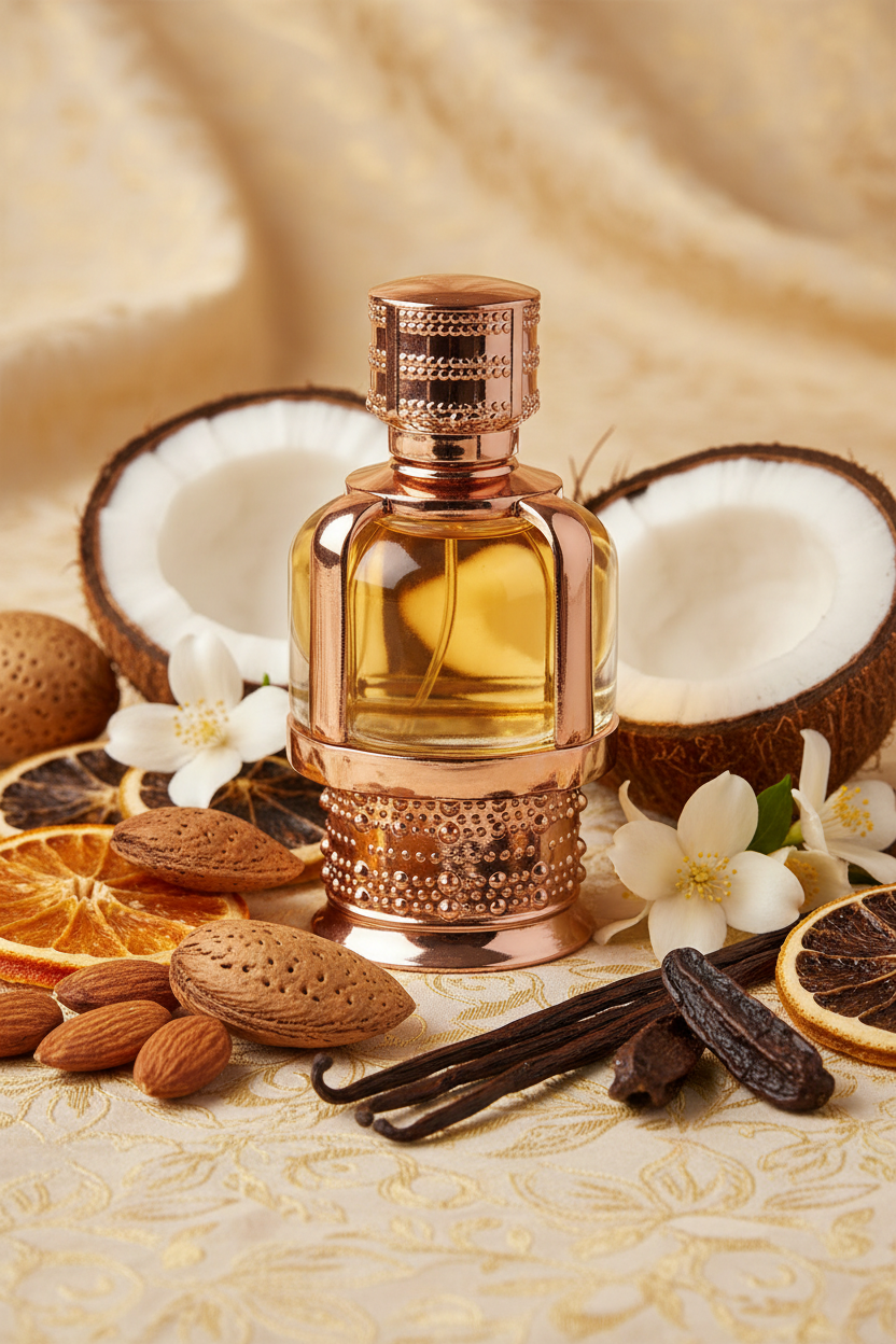 Lattafa Amoura bottle with fragrance ingredients