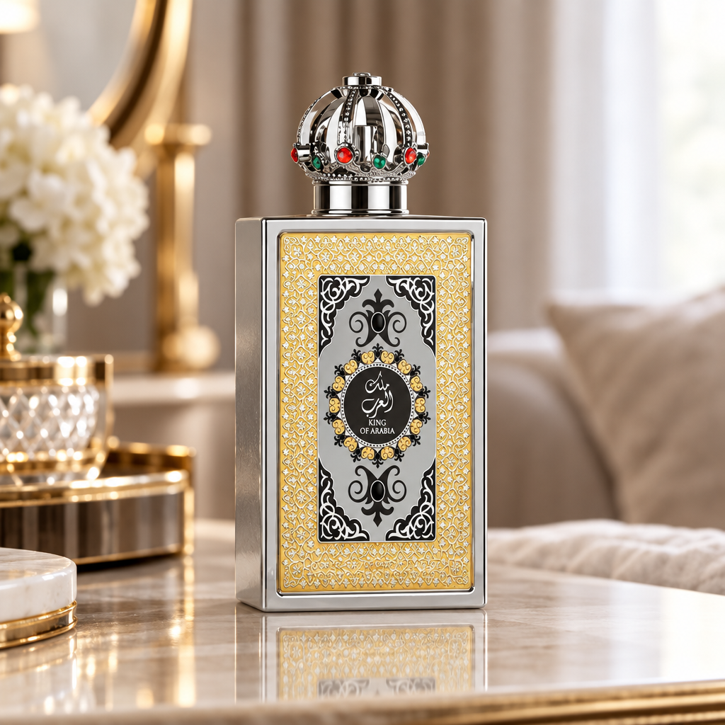 Lattafa Pride King Of Arabia perfume on a dressing table