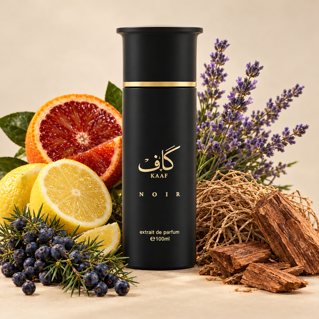 Kaaf Noir con cítricos, enebro, lavanda, vetiver y cedro al fondo